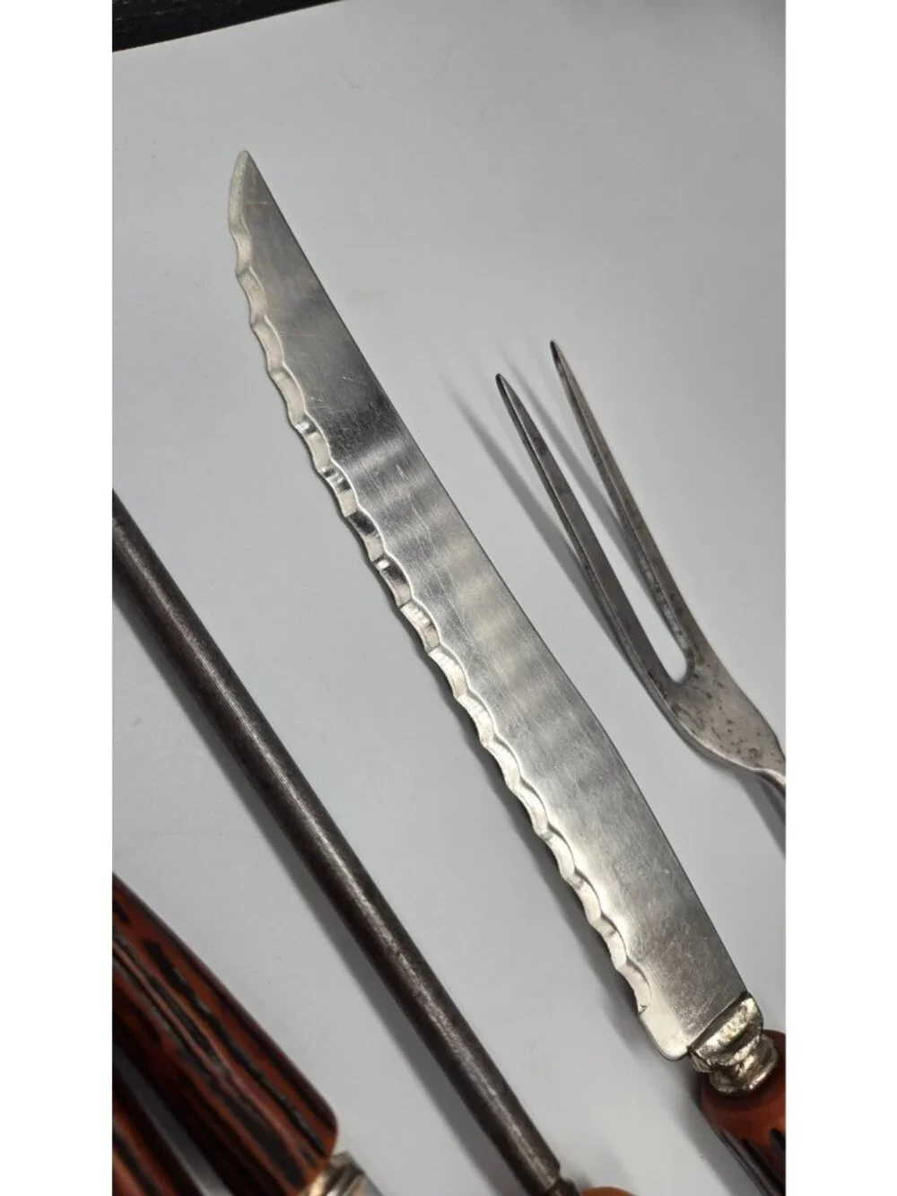 Vintage Regent Sheffield Carving Set 6 Pc Faux Stag Horn Handle Steak Knives